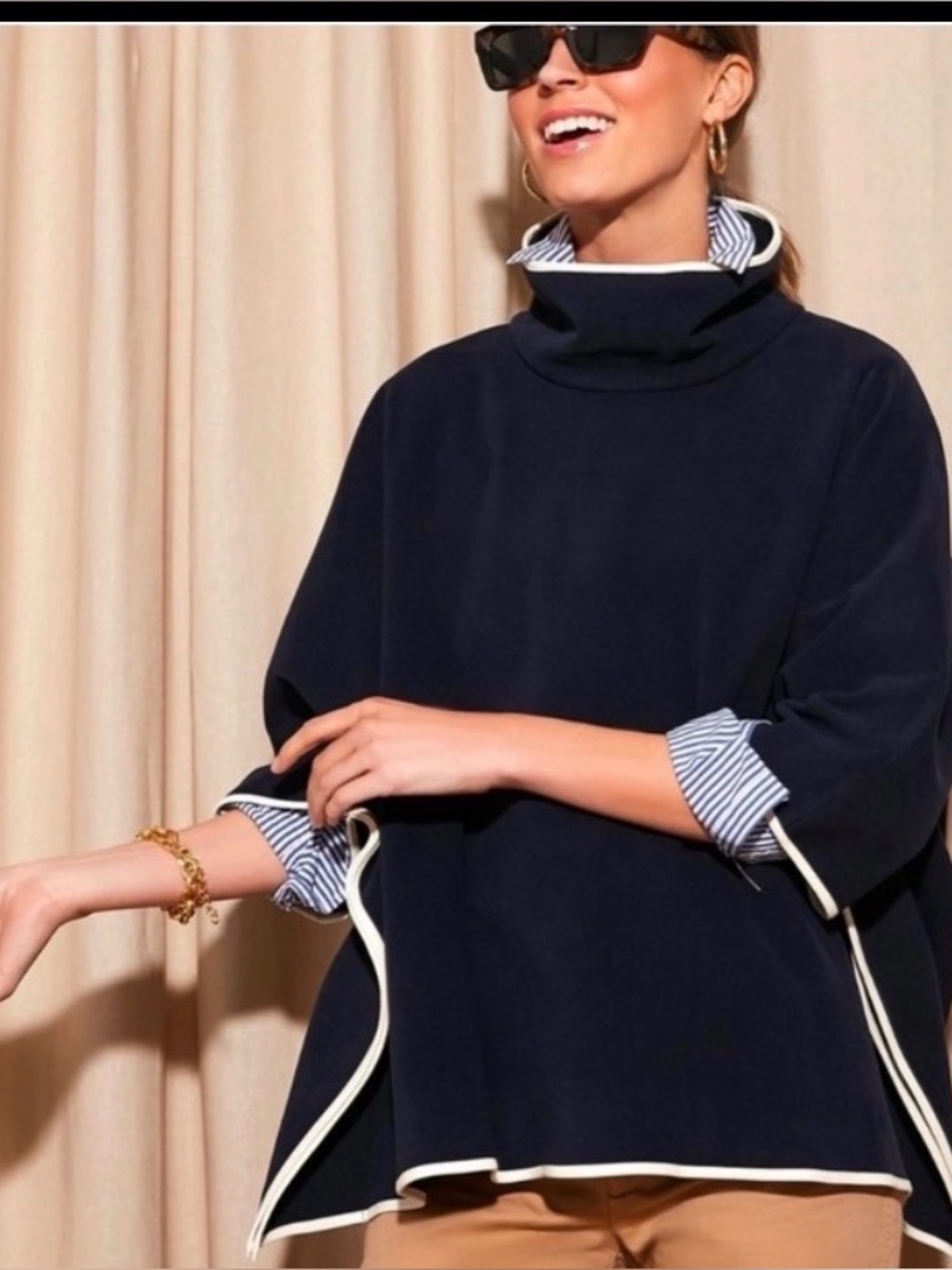 Tuckernuck Navy Leather Lined Piper Poncho Funnel Neck Cape nautical old money